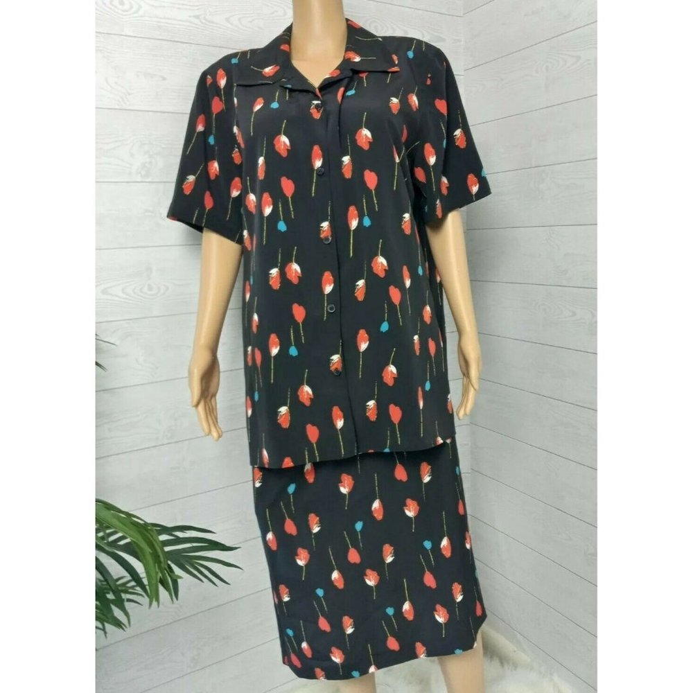 Vintage Joan Leslie SZ 16 Matching Outfit Button Blouse A-line Midi Skirt Black
